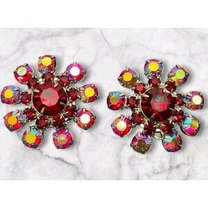 Vintage Earrings Set Red Aurora Borealis Rhinestones/Crystals Silvertone Finish